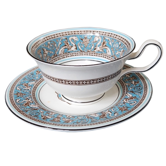 Wedgwood Other - Wedgwood Florentine Turquoise Blue and White Ornate Teacup and Saucer